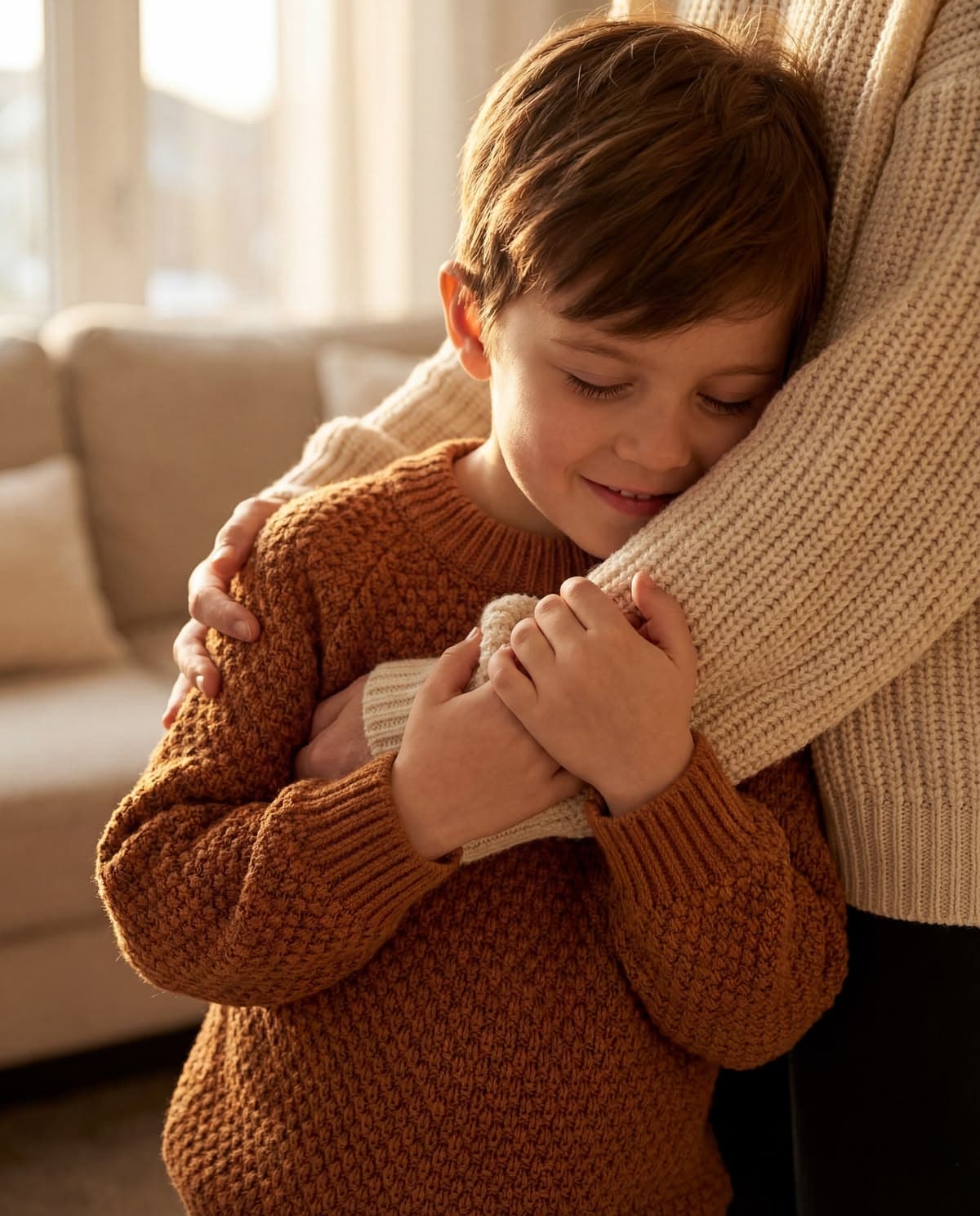 Niño aferrado a su padre con los ojos cerrados