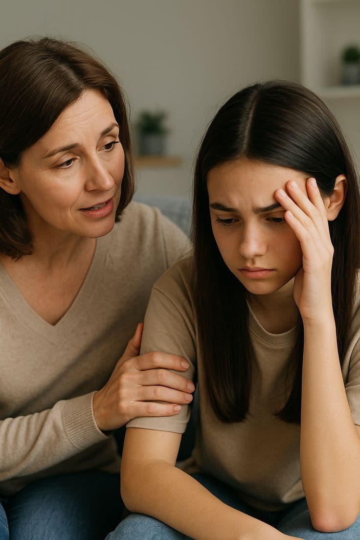 Madre consolando a su hija adolescente angustiada