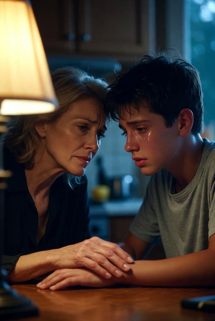 Madre sosteniendo la mano de su hijo adolescente que llora