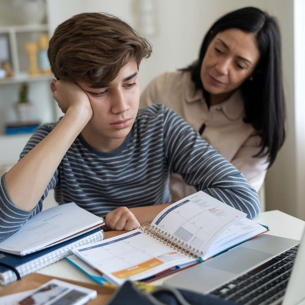 Madre presente junto a su hijo adolescente que estudia